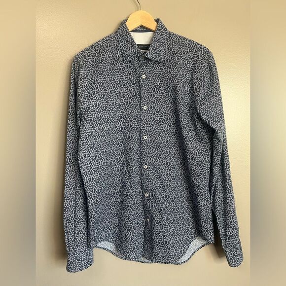 4/$25 Zara man slim fit micro floral navy blue button up shirt medium preppy - Picture 5 of 7
